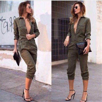 Long Sleeve Army Green Solid Casual Bodysuit Jumpsuit